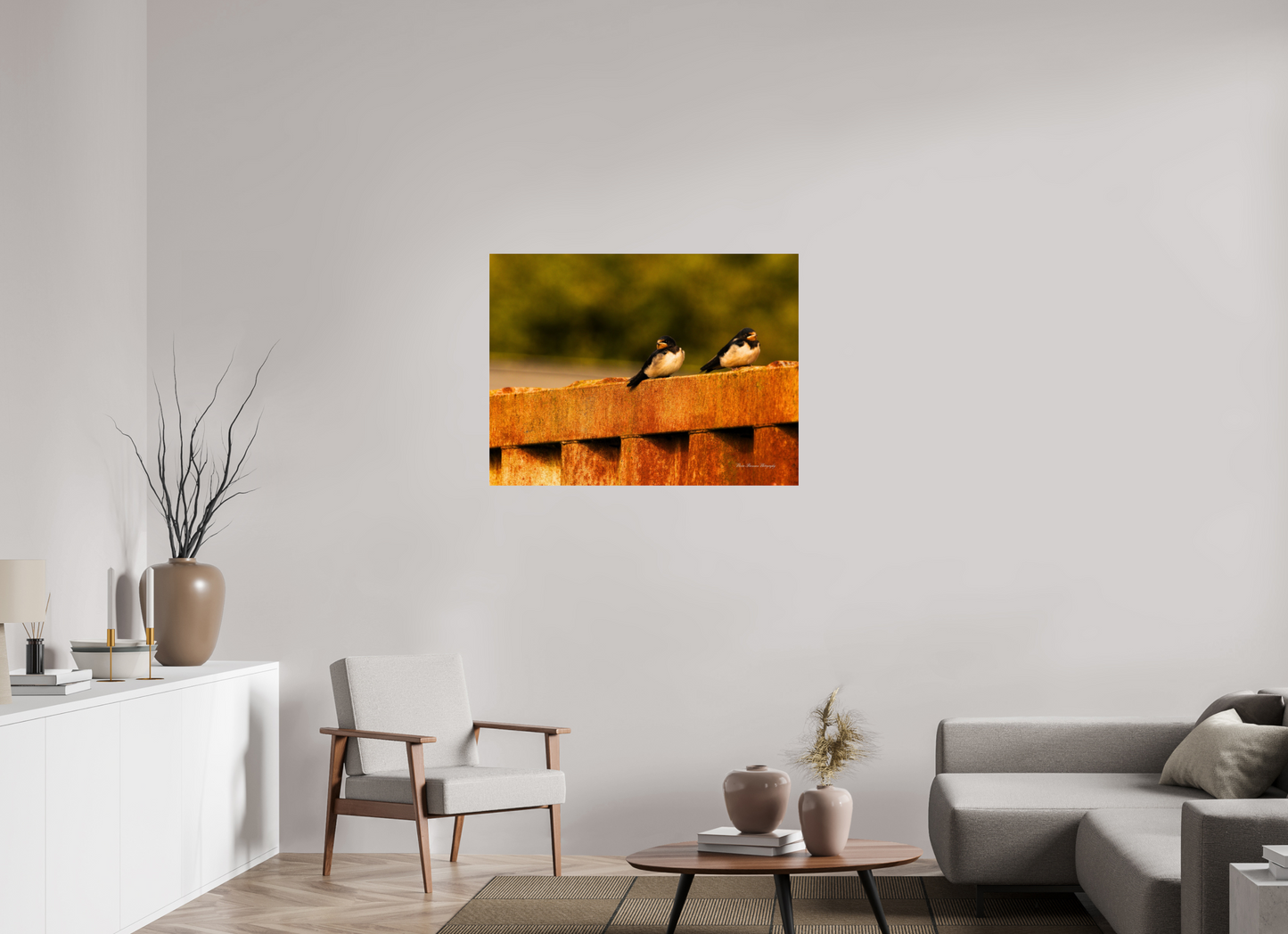 Swallows at Rest – Golden Hour Perch Metallic Photo Print under Acrylic Glass