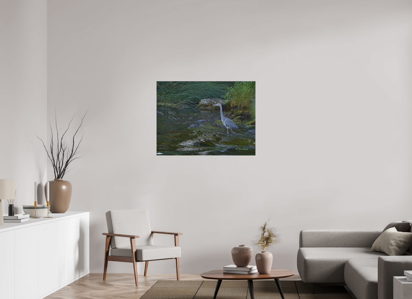 Grey Heron on River Metallic Photo Print under Acrylic Glass