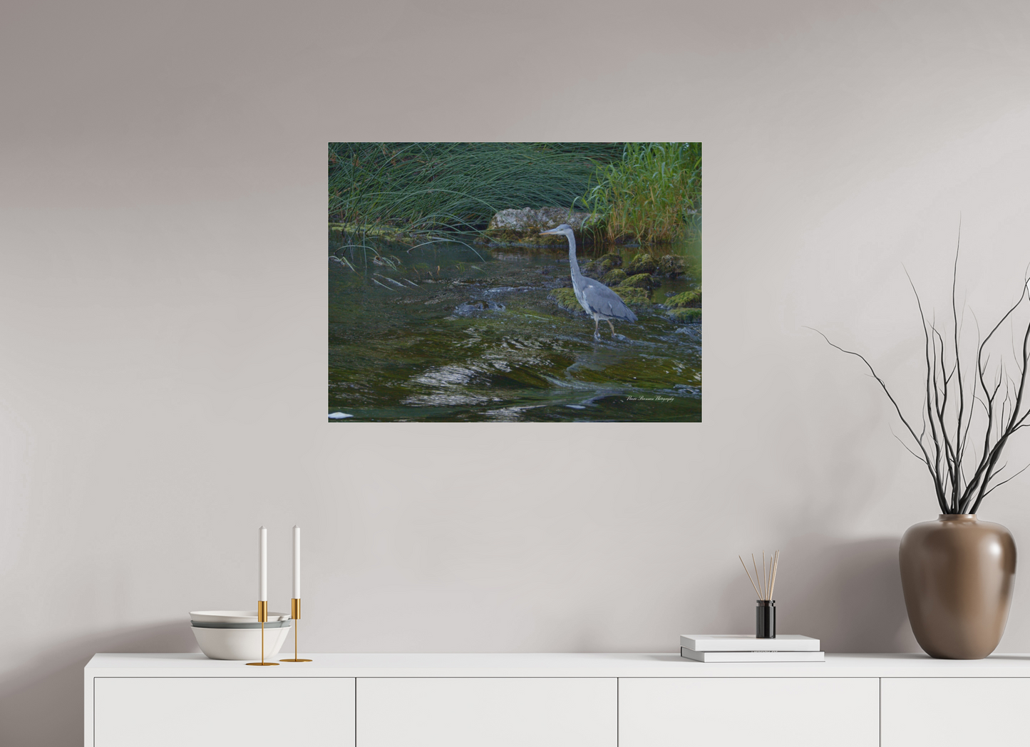 Grey Heron on River Metallic Photo Print under Acrylic Glass